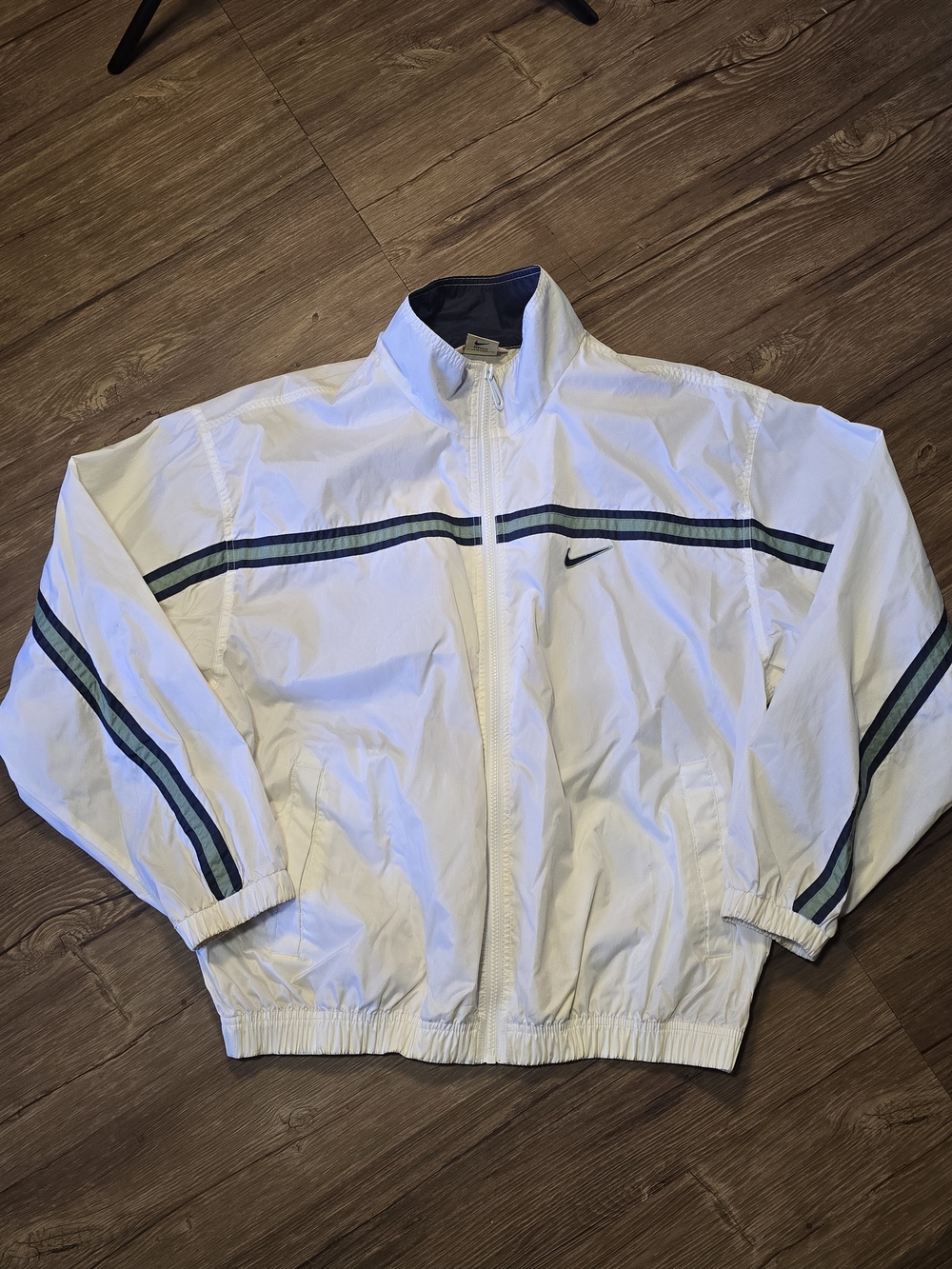 Vintage 90s Nike White Full-Zip Windbreaker Jacket - Navy & Teal Stripes - Large